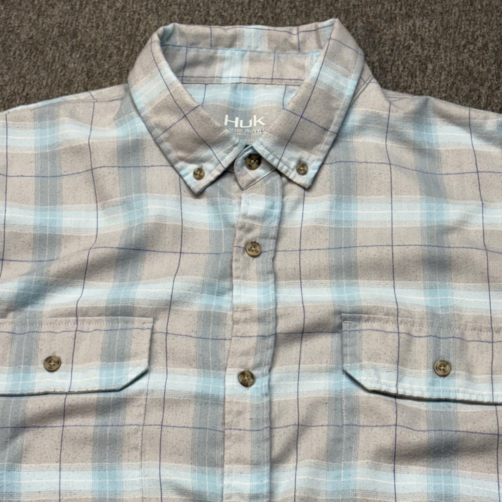 Huk Mens Xxl Blue Tan Plaid Performance Flannel Fishing Shirt Long Sleeve H14273